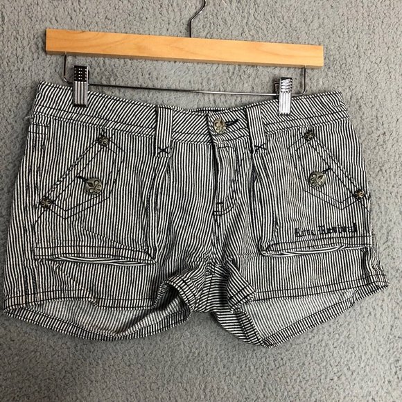 SOLDRock Revival Distressed Navy White Stripe Fleur de Lis Flap Pocket Shorts 26 - Picture 2 of 10
